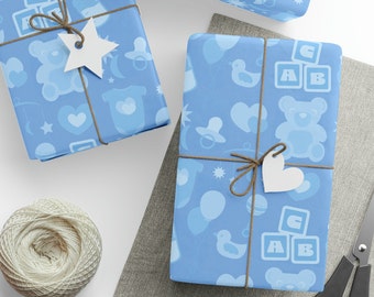 Baby Wrapping Paper Roll | Blue Baby Boy Gift Wrap | Baby Shower Gift Wrap | Cute Baby Icons | First Birthday Baby Boy Cute Modern Minimal