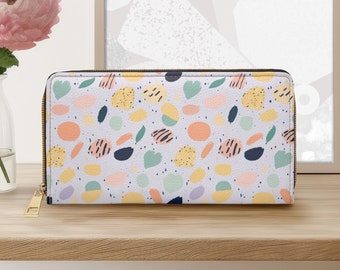 Carteira com zíper com design floral | Couro sintético sem crueldade | Carteira fofa com arte abstrata | Presente Único | Presente colorido legal para mulheres e adolescentes