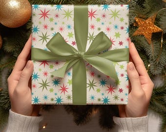 Rollo de papel de regalo / Papel de regalo de los años 50 / Patrón de estrellas navideñas / Papel de regalo retro de mediados de siglo / Papel de regalo único vintage / Papel de regalo navideño único