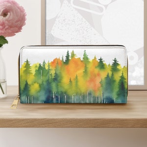 Geldbörse mit Reißverschluss im Walddesign | Tierversuchsfreies Kunstleder | Wunderschöne Hölzer von Evergreen | Einzigartige Geldbörse | Perfektes Geschenk für Frauen, Männer & Jugendliche