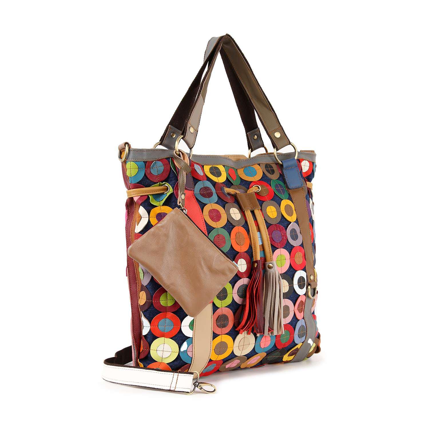 Genuine Leather Oversized Patchwork Tote Handbag With Tassel and Coin ...