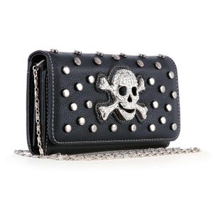 Cartera cruzada en acordeón con tachuelas de calavera gótica, cartera gótica de piel sintética con calavera de diamantes de imitación y correa de cadena, regalo de glamour oscuro