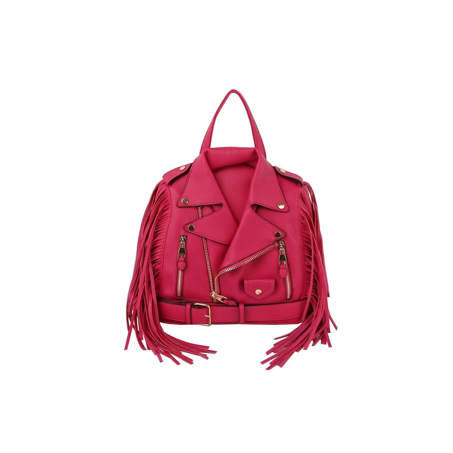 Burgundy Faux Leather Motorcycle Jacket Fringe Backpack Fringe Faux Leather Motorcycle Jacket Backpack – Biker Chic  main image 3