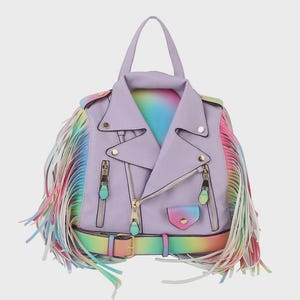 May include: A lavender handbag shaped like a biker jacket, featuring gold zippers and hardware. The bag has a rainbow-colored belt and fringe, with a matching rainbow gradient on the interior. The bag has a top handle.