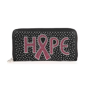 Cartera de acordeón con brillantes para concienciar sobre el cáncer de mama / Cartera con cremallera y lazo rosa con diamantes de imitación / Regalo de cuero vegano con cremallera para ella