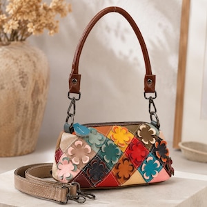 Genuine Leather Colorful Floral Patchwork Petite Shoulder Crossbody Bag