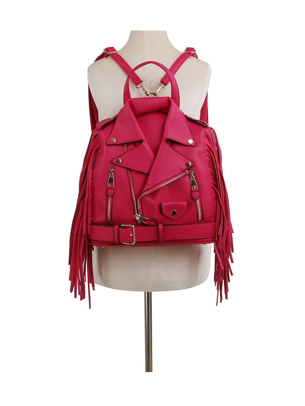 Chic Fringed Pink “Leather Jacket” Backpack Fringe Motorcycle Jacket Backpack – hfstylish main image 2