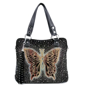 Bolso de mano negro de piel vegana con mariposas y diamantes de imitación - Bolso de hombro de terciopelo sintético con herrajes plateados - Bolsos, carteras y billeteras únicas para mujer