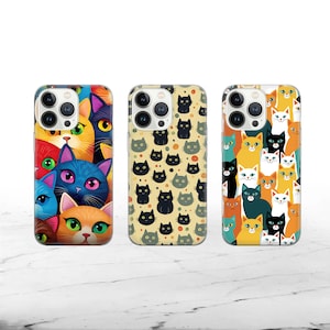 Kat telefoonhoesje Cartoon kitten hoes geschikt voor iPhone 15 Pro Max, 14 Plus, 13, 12, 11, XR, XS en Samsung S23, S22, A54, A53, Pixel 8, 7