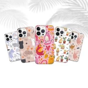 Cute Cat Phone Case Abstract Lovers Cover fit for iPhone 15 Pro Max, 14 Plus, 13, 12, 11, XR, XS & Samsung S23, S22, A54, A53, Pixel 8, 7