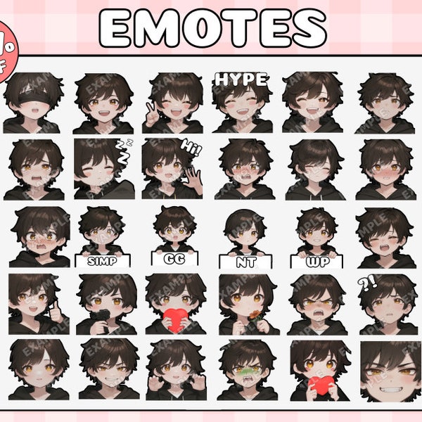 Brown Boy Emotes (30) ojos marrones, sudadera con capucha negra / Twitch Emotes / Discord Emotes / Custom Emote / Emoji / Stream / emote/ male emote