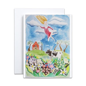 Fille ferme, chute, nature, ferme, vaches, floral, fleurs, prairie, nuages, ciel, aquarelle, carte, papeterie, fantaisie, illustration