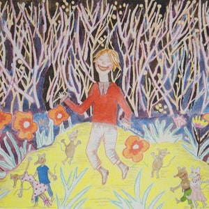 Dansen, jongen, muizen, kinderliedje, illustratie, muziek, rattenvanger, verhaal, fantasie, aquarel, bos, natuur, bloemen, weide, kaarten