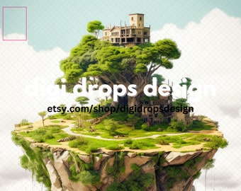 May include: A digital illustration of a floating island with a tree growing out of it. The tree has a house built into it. The island is surrounded by clouds. The text "digi drops design" and "etsy.com/shop/digidropsdesign" is visible in the image.