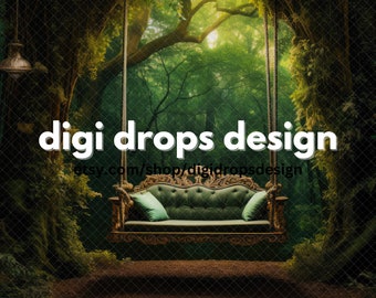 Green Sofa Swing in Forest Digital Backdrop | Composite Digital Background