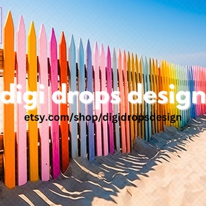 Rainbow Colored Wood Fence at the Beach Digital Backdrop | Composite Digital Background