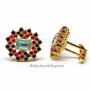 Blue Topaz Cufflinks, Ruby and Sapphire Cufflinks, 14K Gold Plated Men's Cuff Links, Luxury Gemstone Cufflinks, Formal Gift for Him