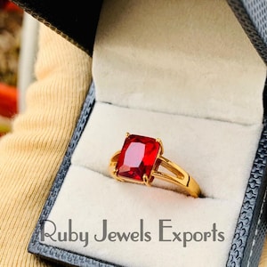Lab Grown Ruby Gemstone Solitaire Gold Plated Ring, Minimalist Ring, Statement Art Deco Jewelry, July Birthstone, Anniversary Gift for Her