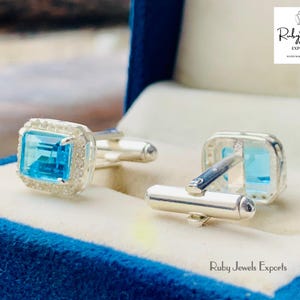 Men’s Topaz Cufflinks – Sterling Silver Blue Gemstone Wedding Jewelry Gift