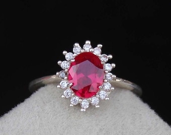 Lab Grown Ruby Halo Ring | Oval Ruby Engagement Ring | Sterling Silver Promise Ring | July Birthstone Ring | Anniversary Gift for Her