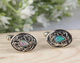 Ethiopian Opal Cufflinks, Sterling Silver Fire Opal Cuff Links