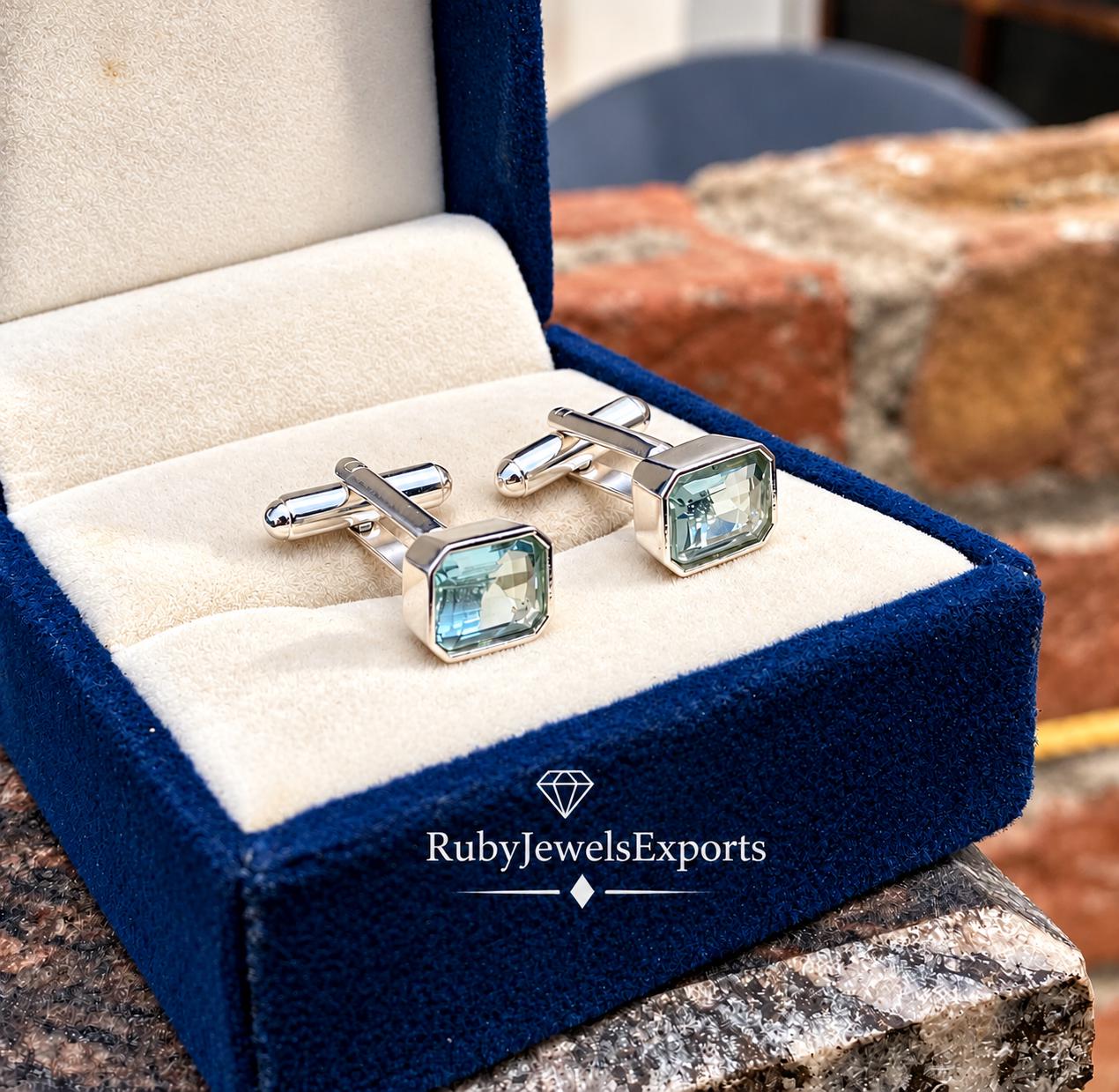 Aquamarine Cufflinks: Sterling Silver Aqua Blue CZ Crystal, Wedding Groom Gift