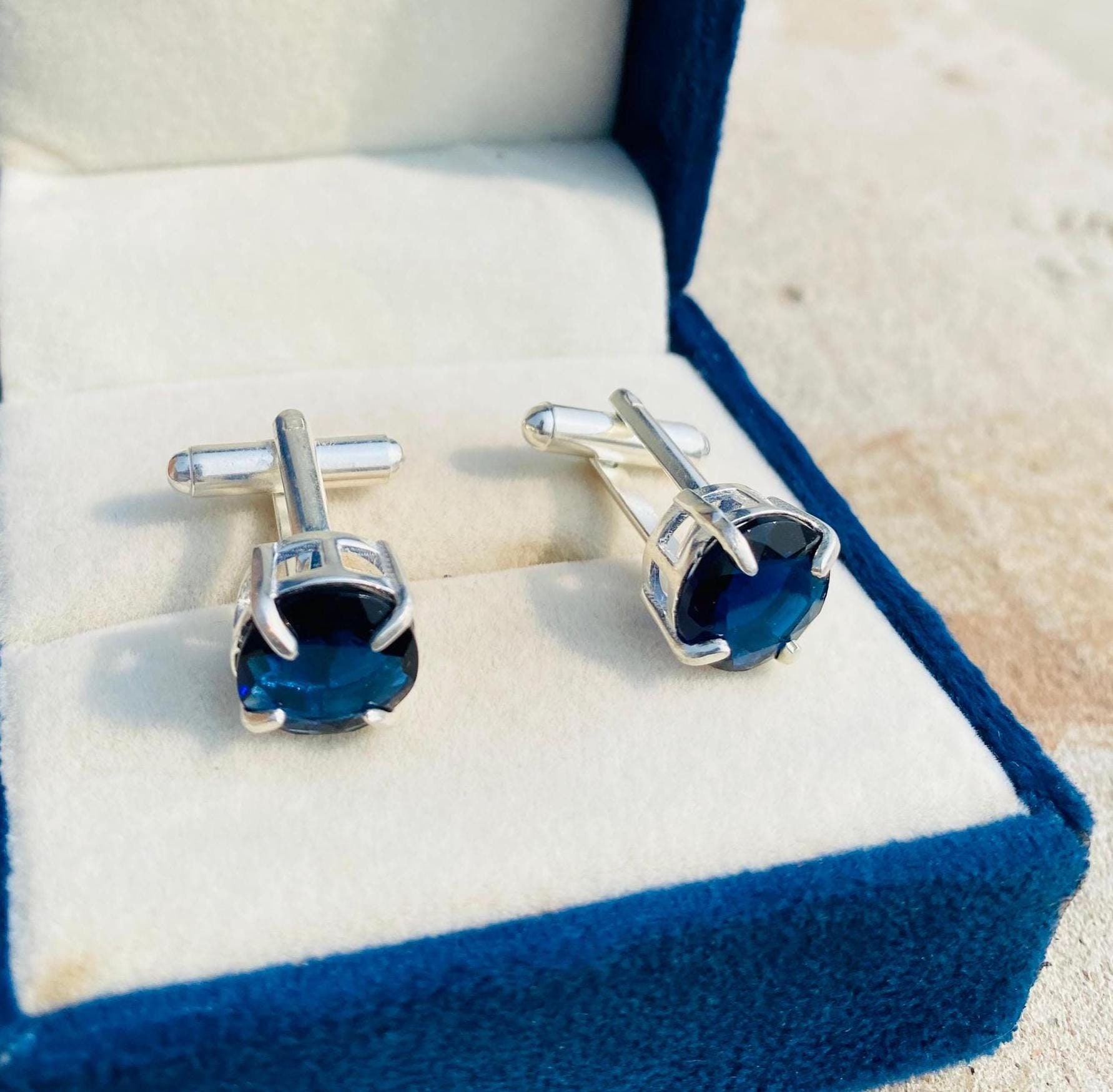 Blue Sapphire Cufflinks: 925 Sterling Silver, Groom Gift