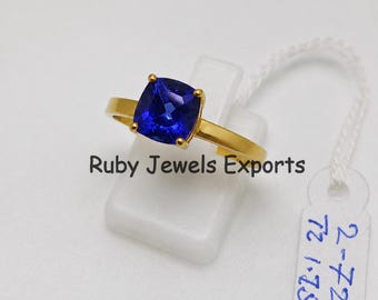 In het lab gekweekte tanzaniet-ring, 925 sterlingzilver vergulde ring, kussengeslepen tanzaniet verlovingsring, minimalistische solitaire-ring