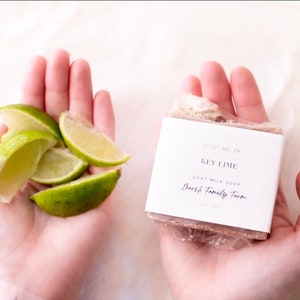 May include: A bar of goat milk soap with a white label that reads "Scent No. 29 Key Lime Goat Milk Soap Marsh Family Farm" and a few lime wedges in a hand.