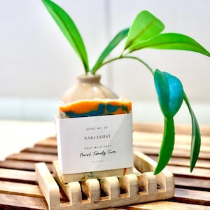 May include: A bar of goat milk soap with a swirl of orange, blue, and green colors. The soap is labeled "NARCISSIST" with the scent number "39" and the text "Marsh Family Farm".