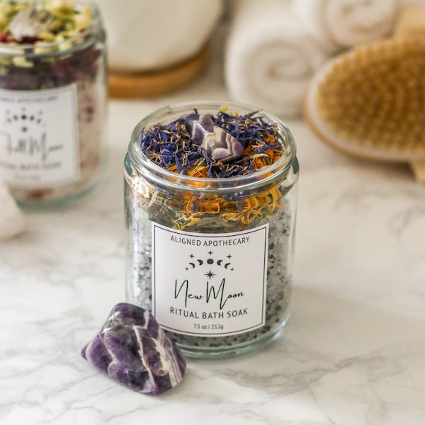 New Moon Bath Salts - Ritual Bath Soak with Amethyst - Crystal Dark Moon Flower Bath