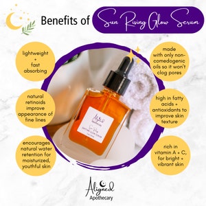 May include: A glass bottle of Sun Rising Glow Serum by Aligned Apothecary. The serum is a clear amber color and is labeled with the product name and brand. The bottle is sitting on a white towel. The image also includes text describing the benefits of the serum, such as lightweight, fast absorbing, natural retinoids, high in fatty acids, and rich in vitamin A + C.