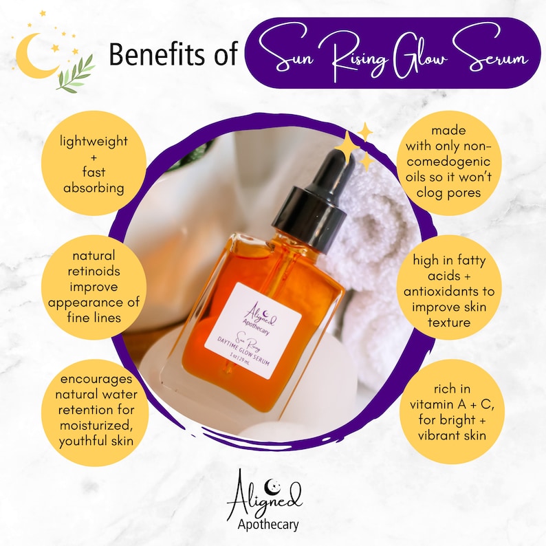 May include: A glass bottle of Sun Rising Glow Serum by Aligned Apothecary. The serum is a clear amber color and is labeled with the product name and brand. The bottle is sitting on a white towel. The image also includes text describing the benefits of the serum, such as lightweight, fast absorbing, natural retinoids, high in fatty acids, and rich in vitamin A + C.