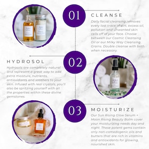 May include: Three glass bottles with labels and a purple background. The bottles contain a clear liquid and are labeled with the text "Ae & Co. Apothecary". The text "Cleanse, Hydrosol, Moisturize" is written in large white text on a purple background. The text "01, 02, 03" is written in white text on a purple circle.