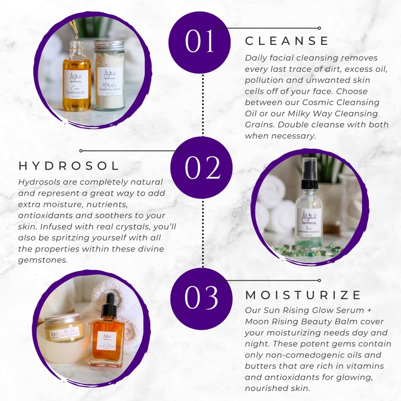 May include: Three glass bottles with labels and a purple background. The bottles contain a clear liquid and are labeled with the text "Ae & Co. Apothecary". The text "Cleanse, Hydrosol, Moisturize" is written in large white text on a purple background. The text "01, 02, 03" is written in white text on a purple circle.