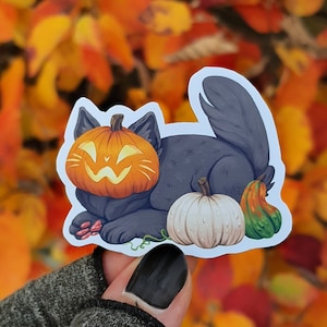 Gruselige Kürbislaterne Katze Matt/Glänzend Vinyl Aufkleber | Halloween Kürbis Katze | Halloween-Dekoration | Für Laptop, Notebook, Verpackung und Mehr