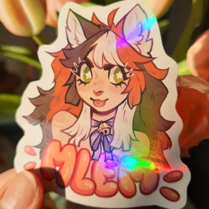 Cat Girl Mlem holographische Vinyl-Aufkleber | Calico Hair Cute Anime Girl Illustration | Für Laptop, Wasserflasche, Notebooks und vieles mehr