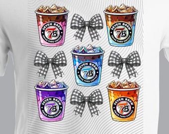 7Brew Coffee Cups & Bows PNG – Cartoon Drink Graphic (Instant Download)