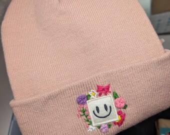 Hand Embroidered Floral & Bow Beanie