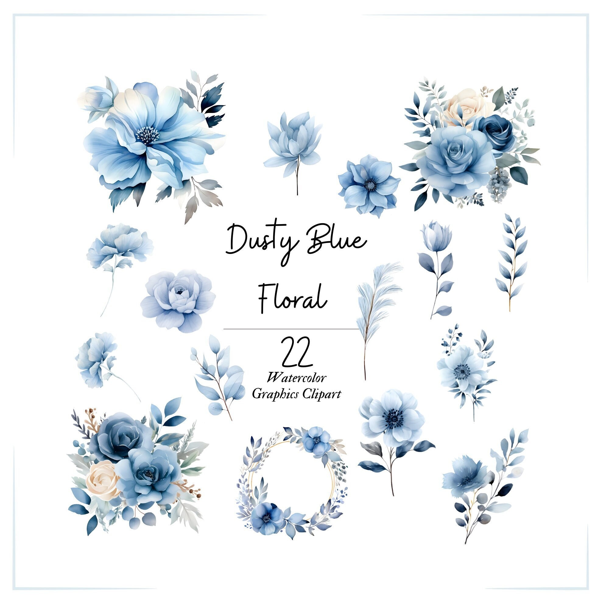 Dusty Blue Floral Clipart Dusty Blue Flowers Watercolor - Etsy