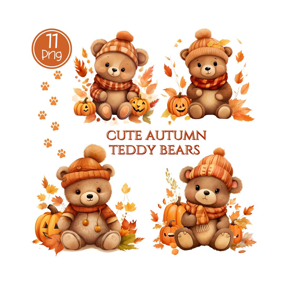 Watercolor Autumn Teddy Bear Clipart SVG