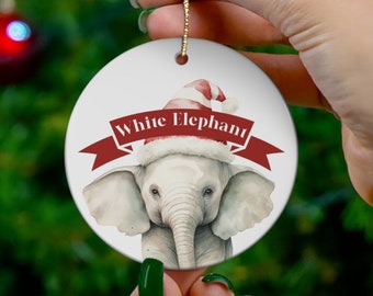 Witte olifant kerstornament- dubbelzijdig- gepersonaliseerd-keramisch ornament-aangepast bericht, naam en datum