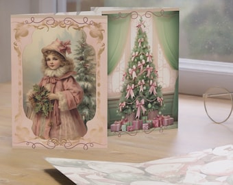 Cartes de Noël victoriennes roses et sauge-5"x7 » Pack de cartes- style vintage- Art Print- Nostalgique- Années 1900- Années 1910- Pack de cartes de vœux de 10