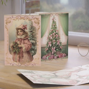 Lot de 10 cartes de Noël victoriennes roses et sauge 5 x 7 po, style vintage, impression d'art, nostalgique, années 1900-1910, carte de voeux, lot de 10