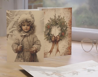 5 x 7 cartes d&#39;inspiration vintage pour Noël - sépia - enfants victoriens - bataille de neige - bel enfant - nostalgie