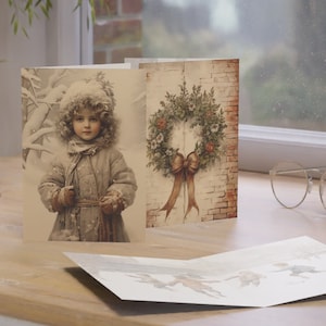Tarjetas navideñas de 5 x 7 de inspiración vintage, en tonos sepia, para niños de la época victoriana, con pelea en la nieve, paquete de 10 tarjetas