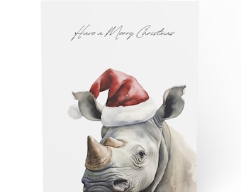 White Rhinoceros Christmas Cards, Personalized Holiday Zoo Greeting- Safari Animals Collection- Animal Christmas Card- Notecards