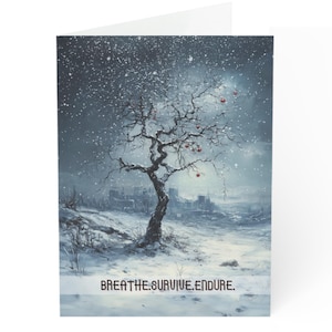 Dystopische winterkerstkaart - Apocalyps vakantiegroet - Breathe Survive Endure - Met sneeuw bedekte ruïnes - thema hoop en kracht