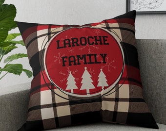 Gepersonaliseerde familie kerstkussen-vakantie decor-zwart, rood en wit Buffalo Check geruite print-aanpasbaar popeline kussen