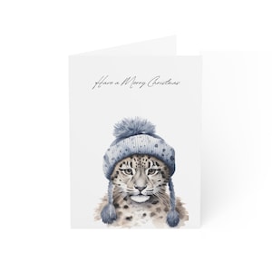 Sneeuwluipaard kerstwenskaarten - 10 stuks - matte afwerking - blanco binnenkant - kerstkaart grote kat - kerstkaart dieren